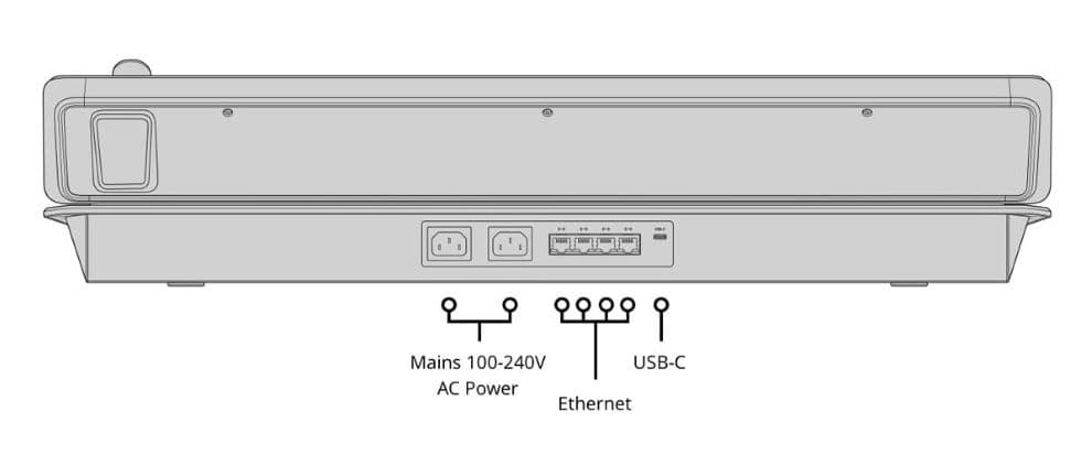 Blackmagic ATEM 2 M/E Advanced Panel, back view with specifications