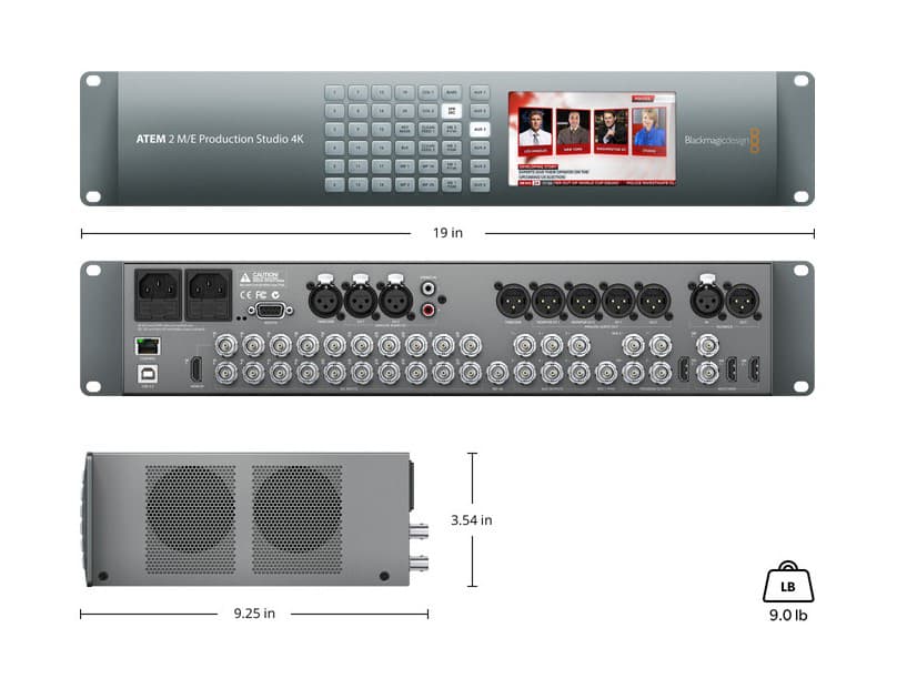 Blackmagic ATEM 2 M/E Production Studio 4K, fron and back view with dimensions and weight
