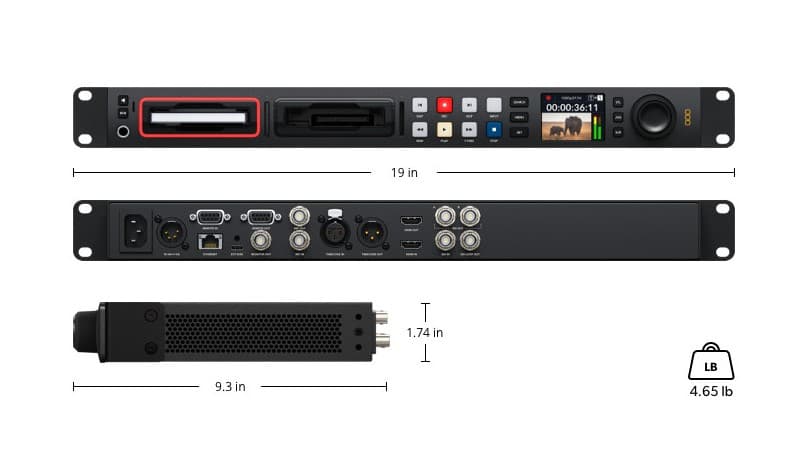 Blackmagic Design Hyperdeck Studio HD Pro video recorder, front and back with dimensions