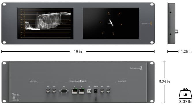Smart Scope DUO 4k 2 monitor, by Blackmagic Design, front and rear views with measurements and weight