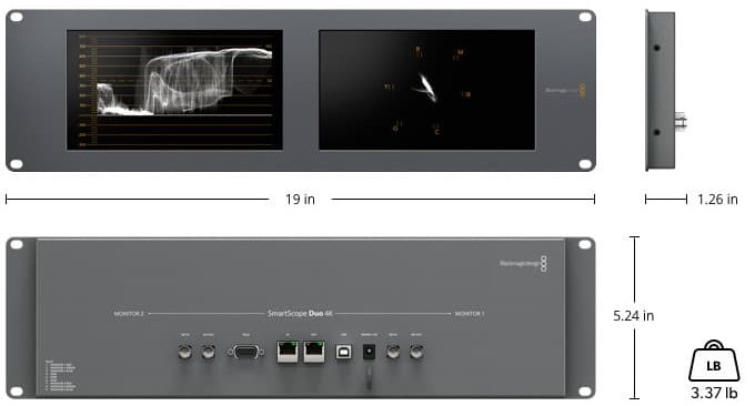 Moniteur Smart Scope DUO 4k 2, par Blackmagic Design, vues avant et arrière avec mesures et poids