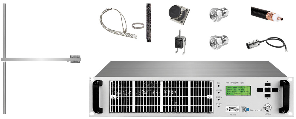 package 1,2kW FM Transmitter with 1 bay Dipole FM  antenna and accessories - wide band stainless