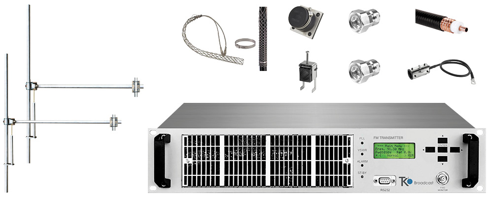 Package  1,2kW FM Transmitter with 2 bay Dipole FM Antenna and Accessories - Wide Band - Aluminum