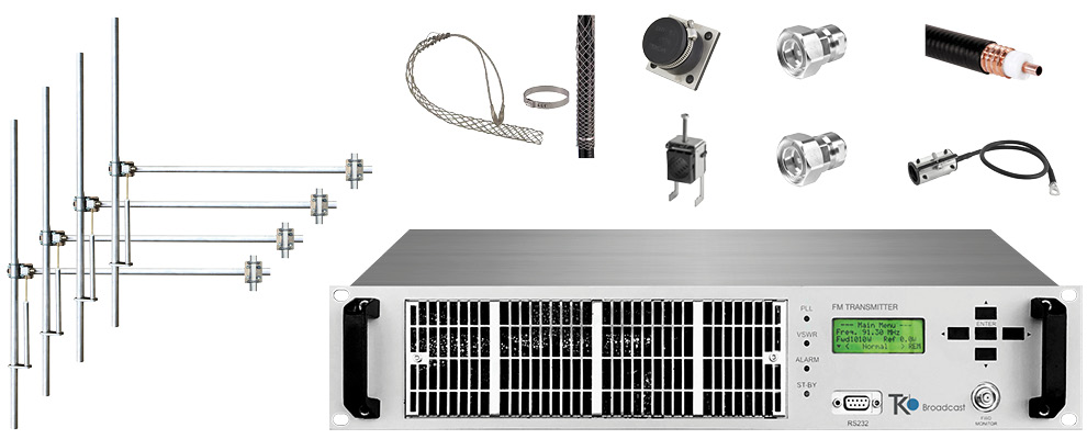 Package  1,2kW FM Transmitter with 4 bay Dipole FM Antenna and Accessories - Wide Band - Aluminum