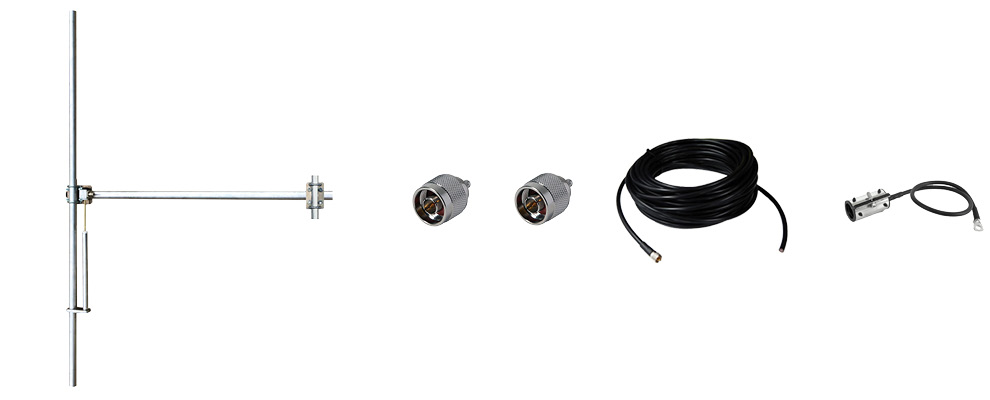 Complete Package composed by:   1 Bay Dipole FM Antenna - Wide Band - Aluminum, 30 meters of 1/2 inch Coaxial Cable with connectors, grounding kit, hanging kit, Hoisting Grip and Wall/Roof Thru kit. N Input Connector - Max Power: 800W-Gain: 2dBd