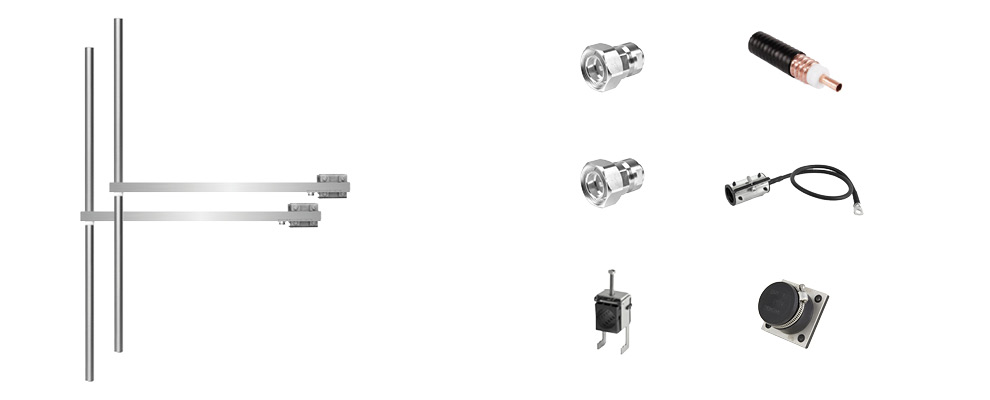 Complete Package composed by: 2 Bay Dipole FM Antenna - Wide Band - Stainless, 30 meters of 7/8 inch Coaxial Cable with connectors, grounding kit, hanging kit, Hoisting Grip and Wall/Roof Thru kit. 7/8 Input Connector - Max Power: 5kW - Gain: 5dBd