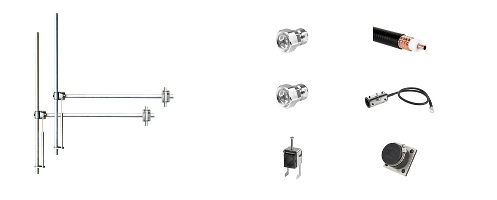 Complete Package composed by:  2 Bay Dipole FM Antenna - Wide Band - Aluminum, 30 meters of 1/2 inch Coaxial Cable with connectors, grounding kit, hanging kit, Hoisting Grip and Wall/Roof Thru kit. 7/16 Input Connector - Max Power: 1,5kW-Gain: 5dBd