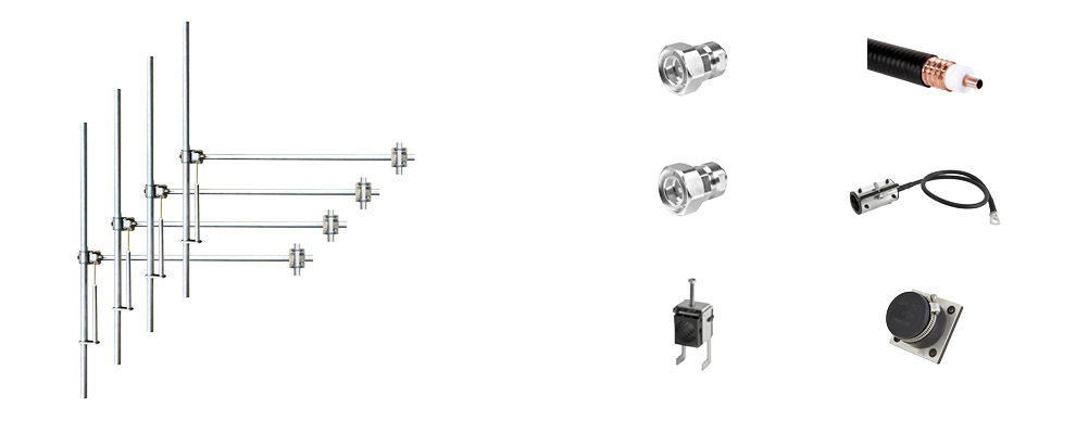 Complete Package composed by: 4 Bays Dipole FM Antenna - Wide Band - Aluminum, 30 meters of 7/16 inch Coaxial Cable with connectors, grounding kit, hanging kit, Hoisting Grip and Wall/Roof Thru kit. 7/16 Input Connector - Max Power: 3kW - Gain: 8dBd